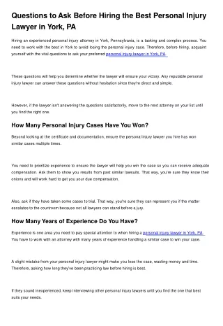 Questions to Ask Before Hiring the Best Personal Injury Lawyer in York, PA