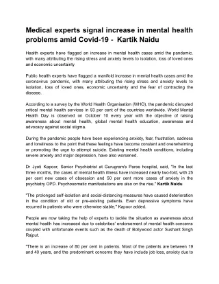 Medical experts signal increase in mental health problems amid Covid-19