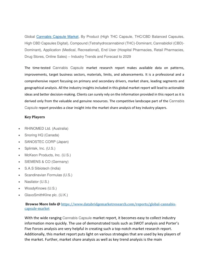 global cannabis capsule market by product high