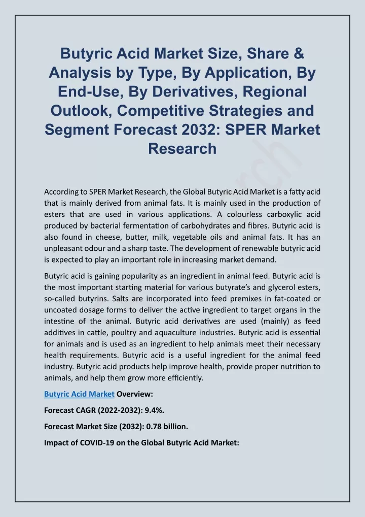 butyric acid market size share analysis by type