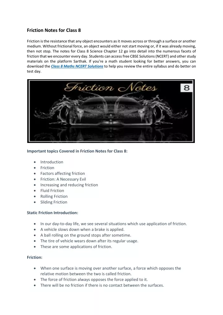 friction notes for class 8