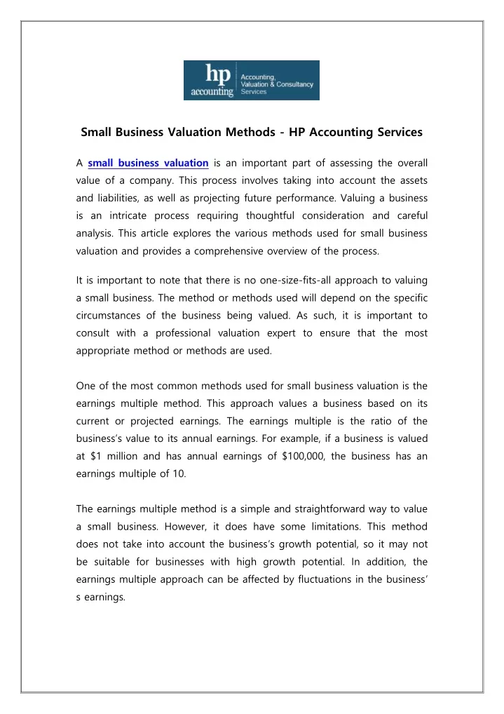 small business valuation methods hp accounting