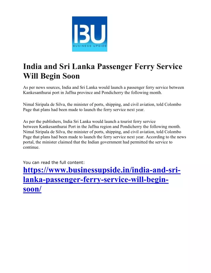 india and sri lanka passenger ferry service will