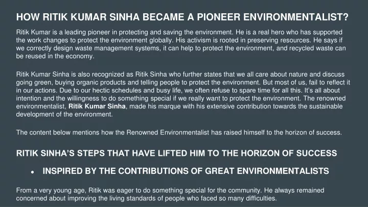 how ritik kumar sinha became a pioneer environmentalist