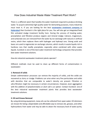 How Does Industrial Waste Water Treatment Plant Work