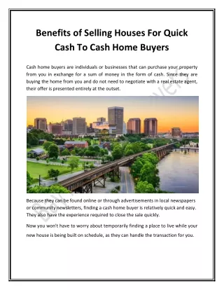 Benefits of Selling Houses For Quick Cash To Cash Home Buyers