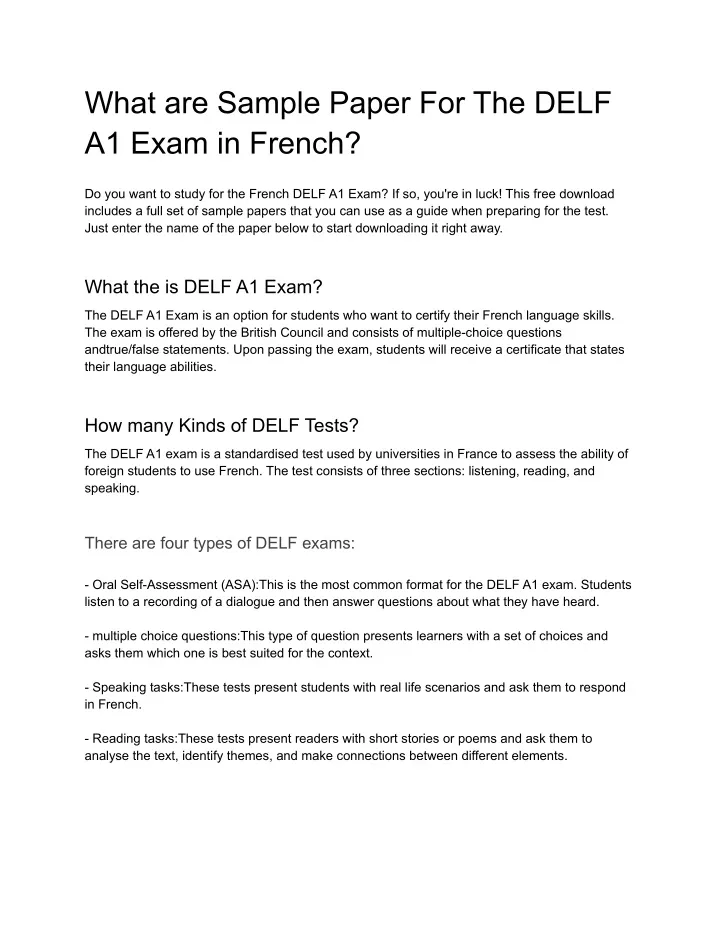 what are sample paper for the delf a1 exam