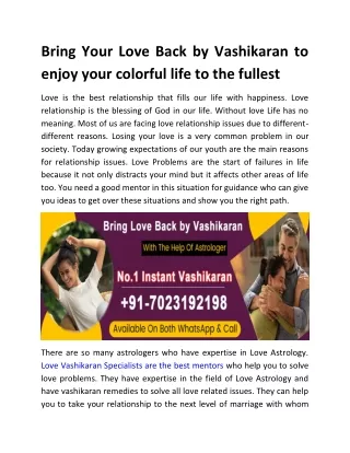 Bring Your Love Back by Vashikaran to enjoy your colorful life to the fullest