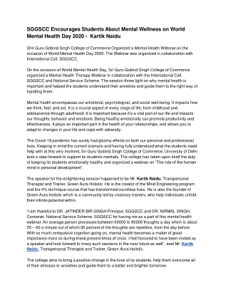 SGGSCC Encourages Students About Mental Wellness on World Mental Health Day 2020
