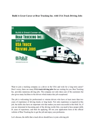 Build A Great Career at Brar Trucking Inc. with USA Truck Driving Jobs