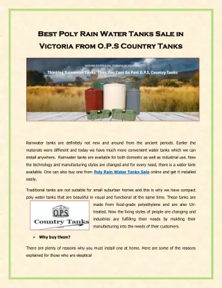 Best Poly Rain Water Tanks Sale in Victoria from O.P.S Country Tanks