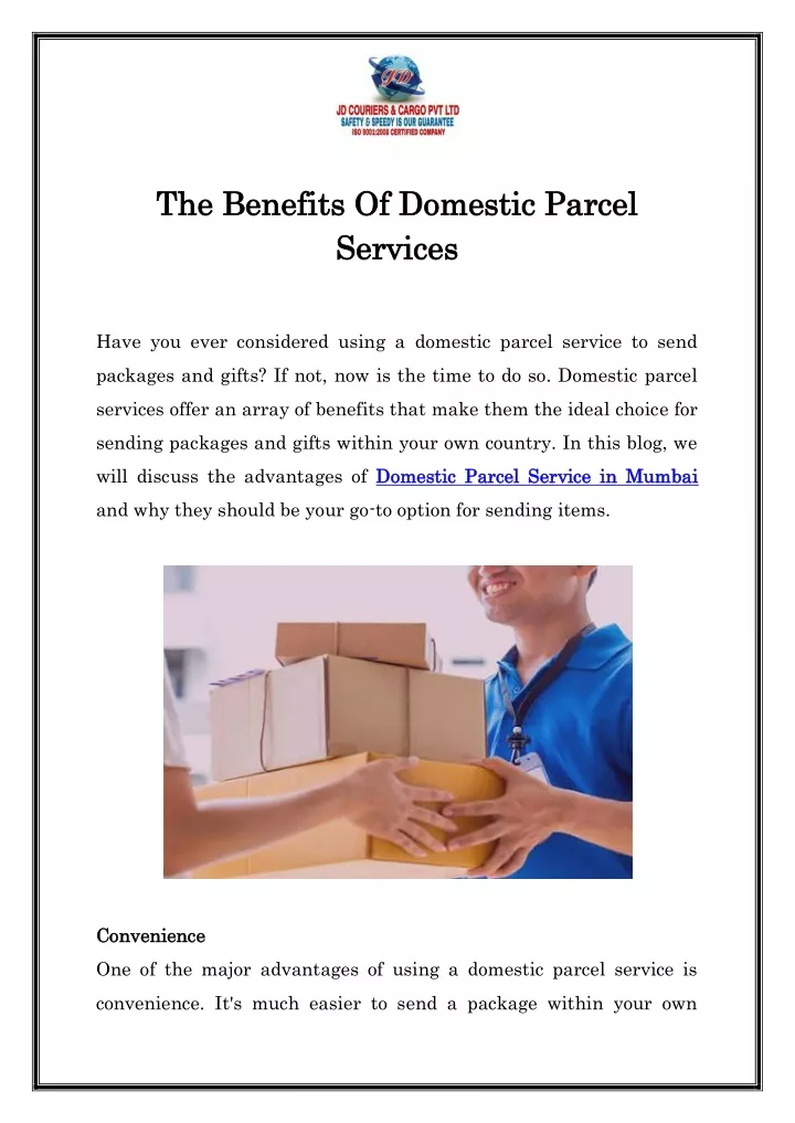 domestic parcel services services