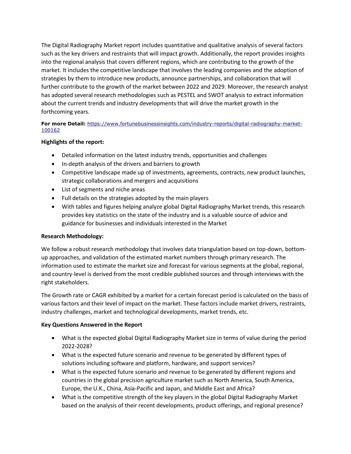 the digital radiography market report includes