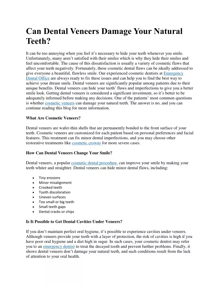 can dental veneers damage your natural teeth