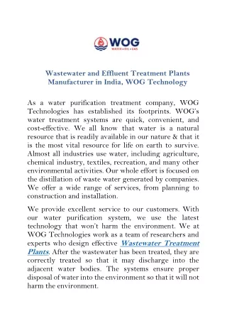Wastewater and Effluent Treatment Plants Manufacturer in India, WOG Technology