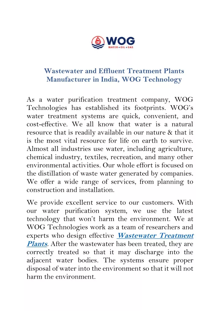 wastewater and effluent treatment plants