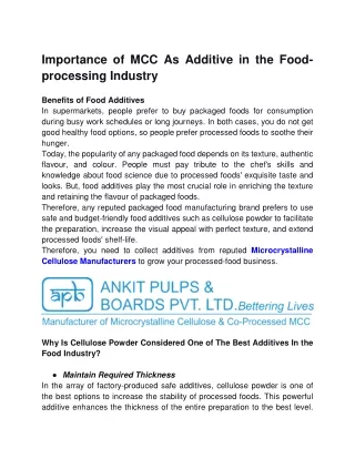 Importance of MCC As Additive in the Food-processing Industry