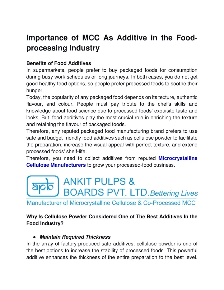 importance of mcc as additive in the food