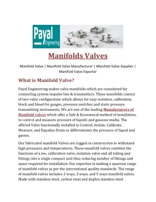 Manifolds Valves payal