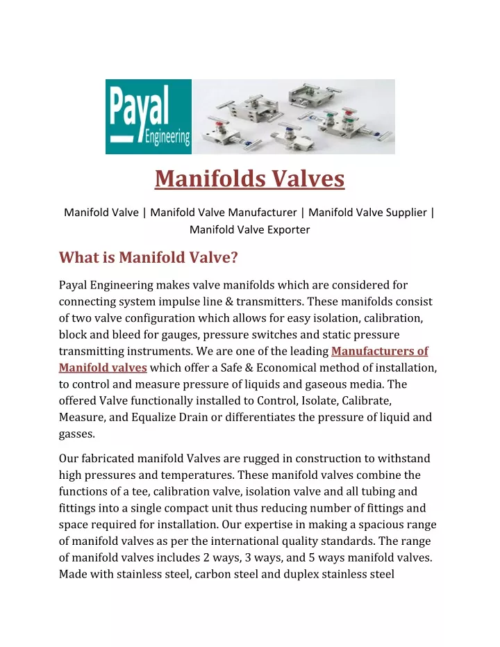 manifolds valves