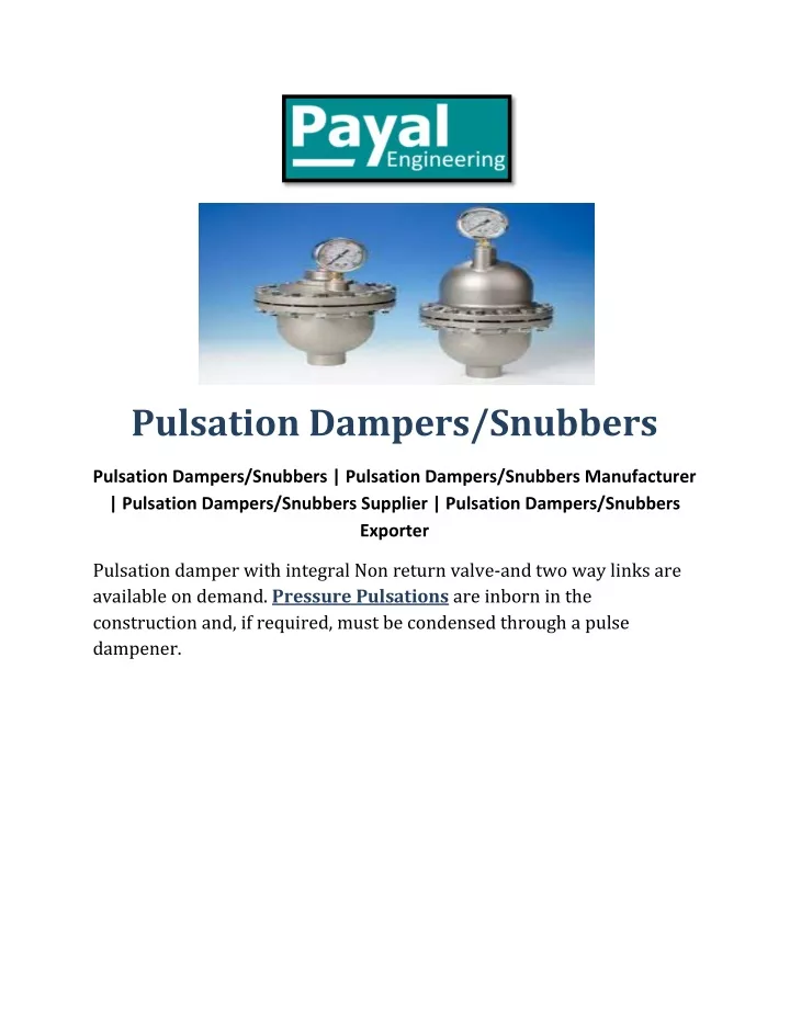 pulsation dampers snubbers