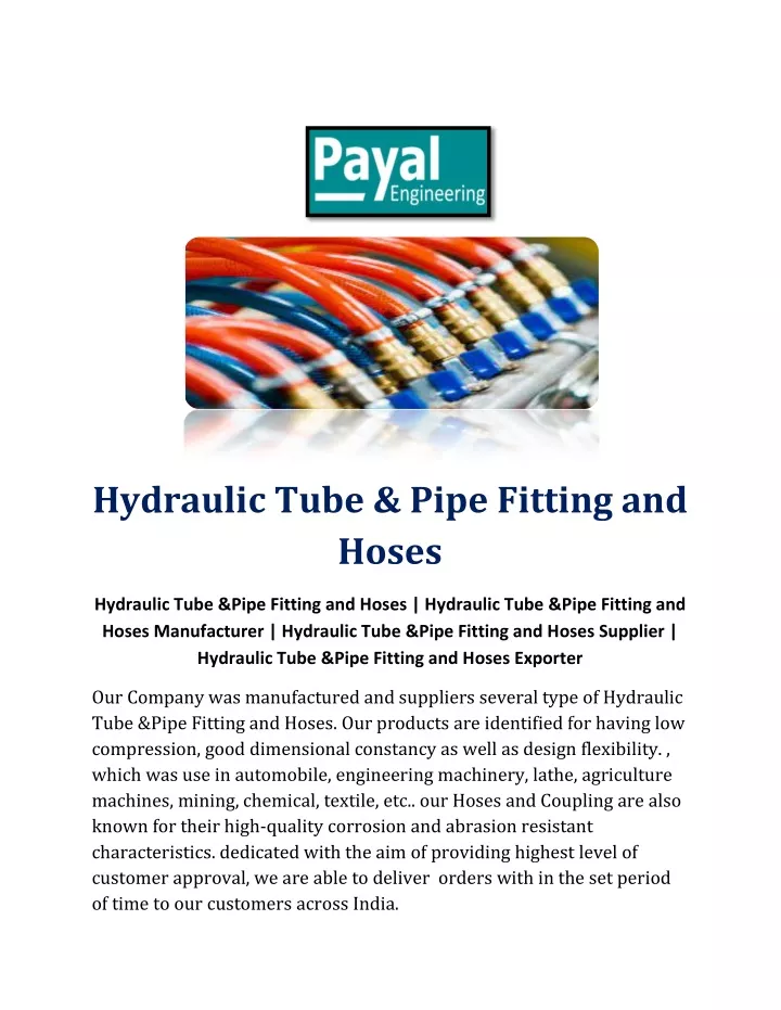 hydraulic tube pipe fitting and hoses