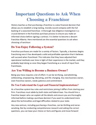 Important questions to ask when choosing a Franchisor