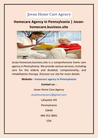 Homecare Agency in Pennsylvania | Jovan-homecare.business.site