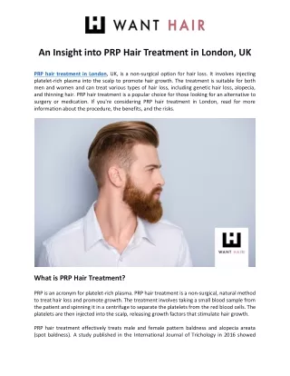 An Insight into PRP Hair Treatment in London, UK