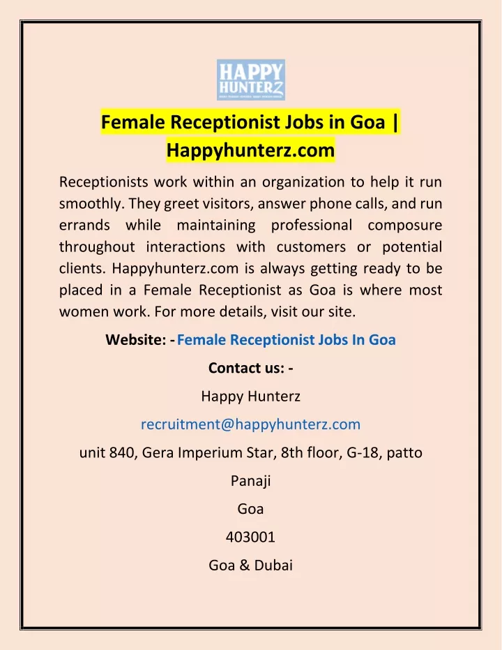 female receptionist jobs in goa happyhunterz com
