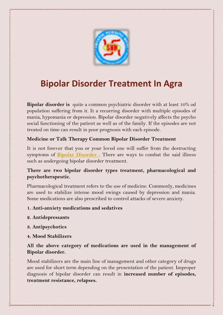 bipolar disorder treatment in agra