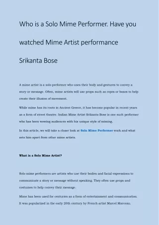 Who is a Solo Mime Performer. Have you watched Mime Artist performance Srikanta Bose