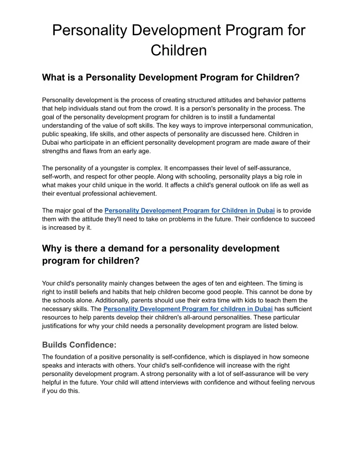 personality development program for children