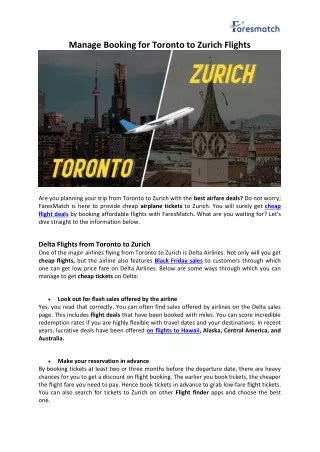 Manage Booking for Toronto to Zurich Flights