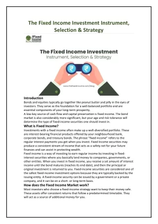 The Fixed Income Investment Instrument, Selection & Strategy