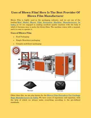 Mini Model Blown Film Extrusion Machine Manufacturers In India - allindiamachinery