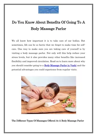 Do You Know About Benefits Of Going To A Body Massage Parlor