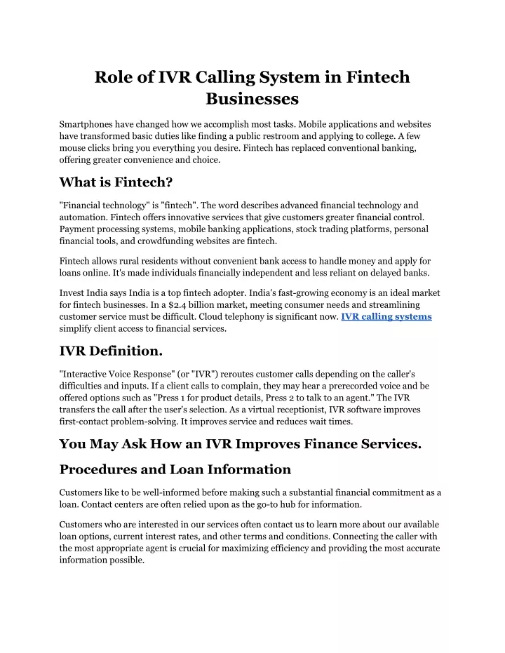 role of ivr calling system in fintech businesses