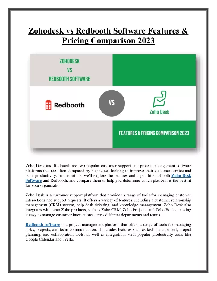 zohodesk vs redbooth software features pricing