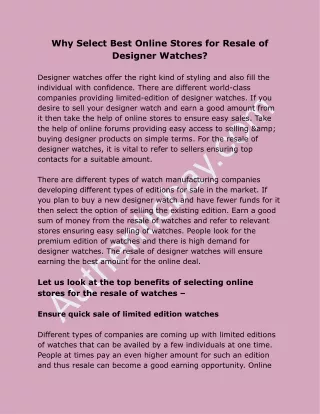 Why Select Best Online Stores for Resale of Designer Watches