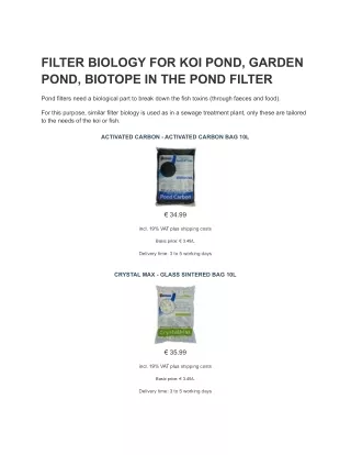 FILTER BIOLOGY FOR KOI POND, GARDEN POND, BIOTOPE IN THE POND FILTER