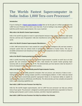 The Worlds Fastest Supercomputer in India: Indias 1,000 Tera-core Processor!