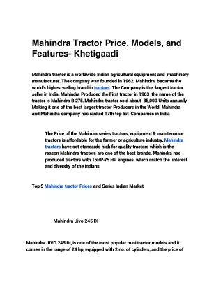 Mahindra tractor feature & Price