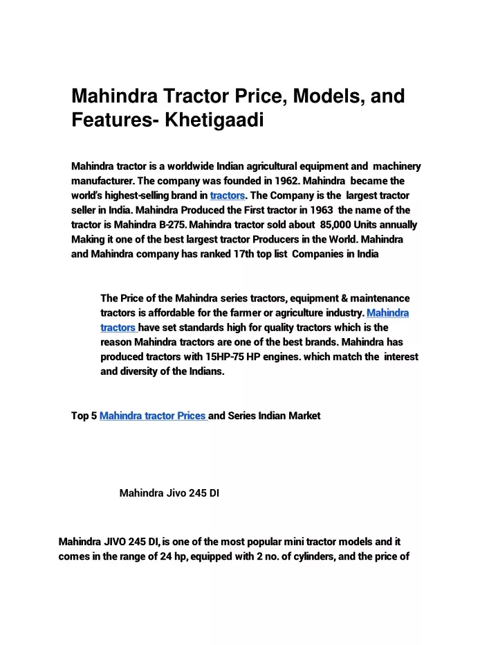 mahindra tractor price models and features khetigaadi