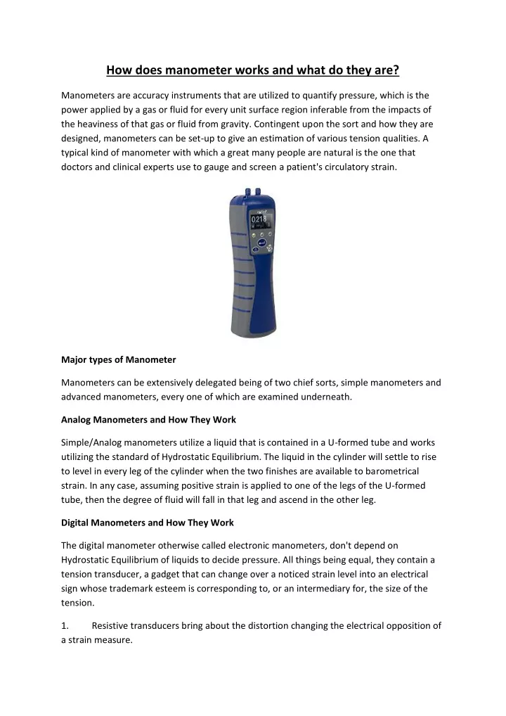 how does manometer works and what do they are