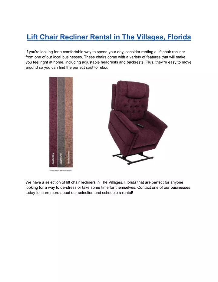 lift chair recliner rental in the villages florida