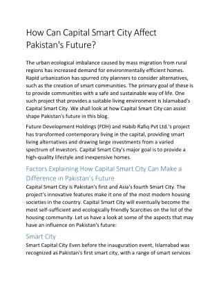 How Can Capital Smart City Affect Pakistan