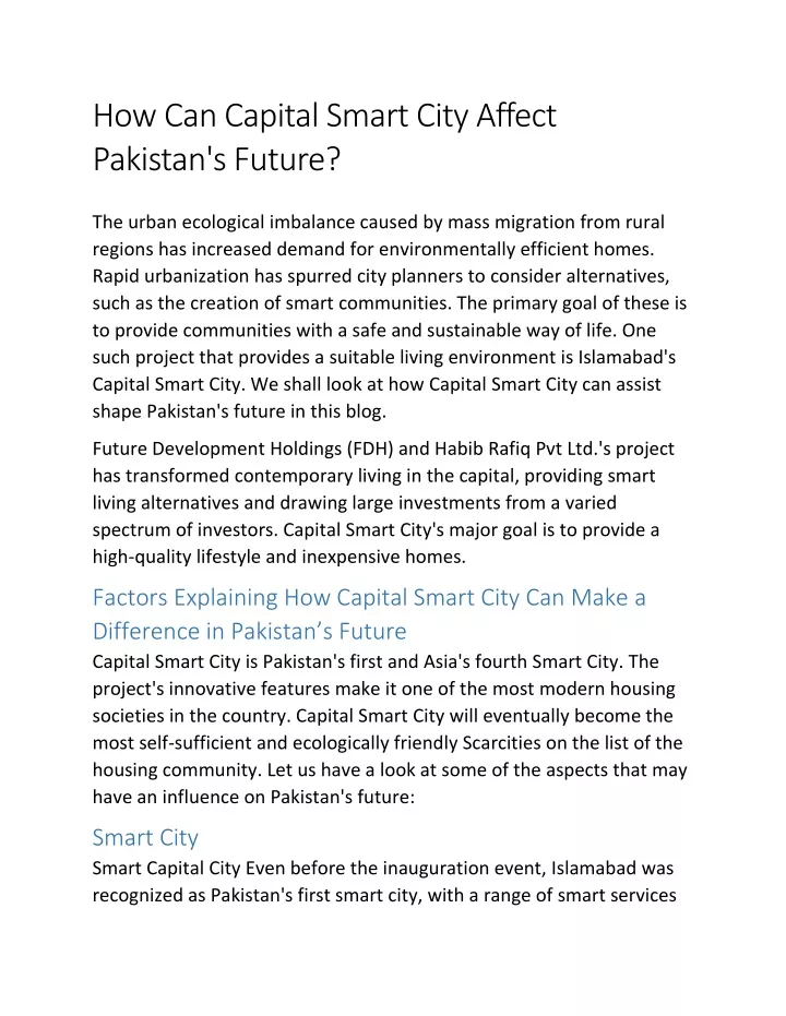 how can capital smart city affect pakistan