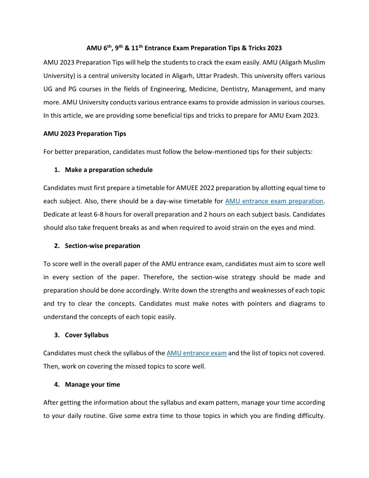 amu 6 th 9 th 11 th entrance exam preparation