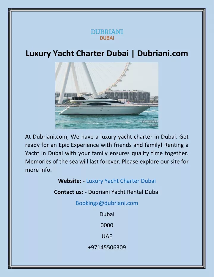 luxury yacht charter dubai dubriani com